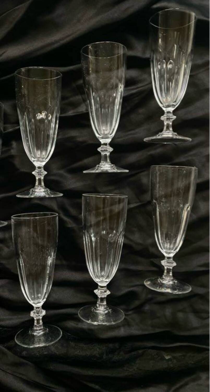 6 antique crystal champagne flutes and stemmed glasses