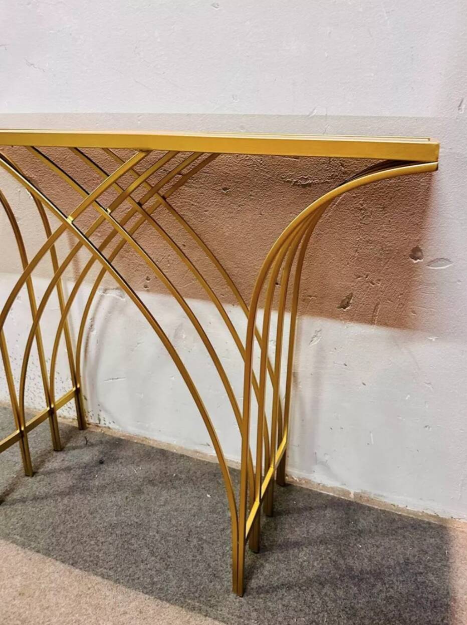 Consolle in ferro dorato con piano in specchio – Italia, anni '80