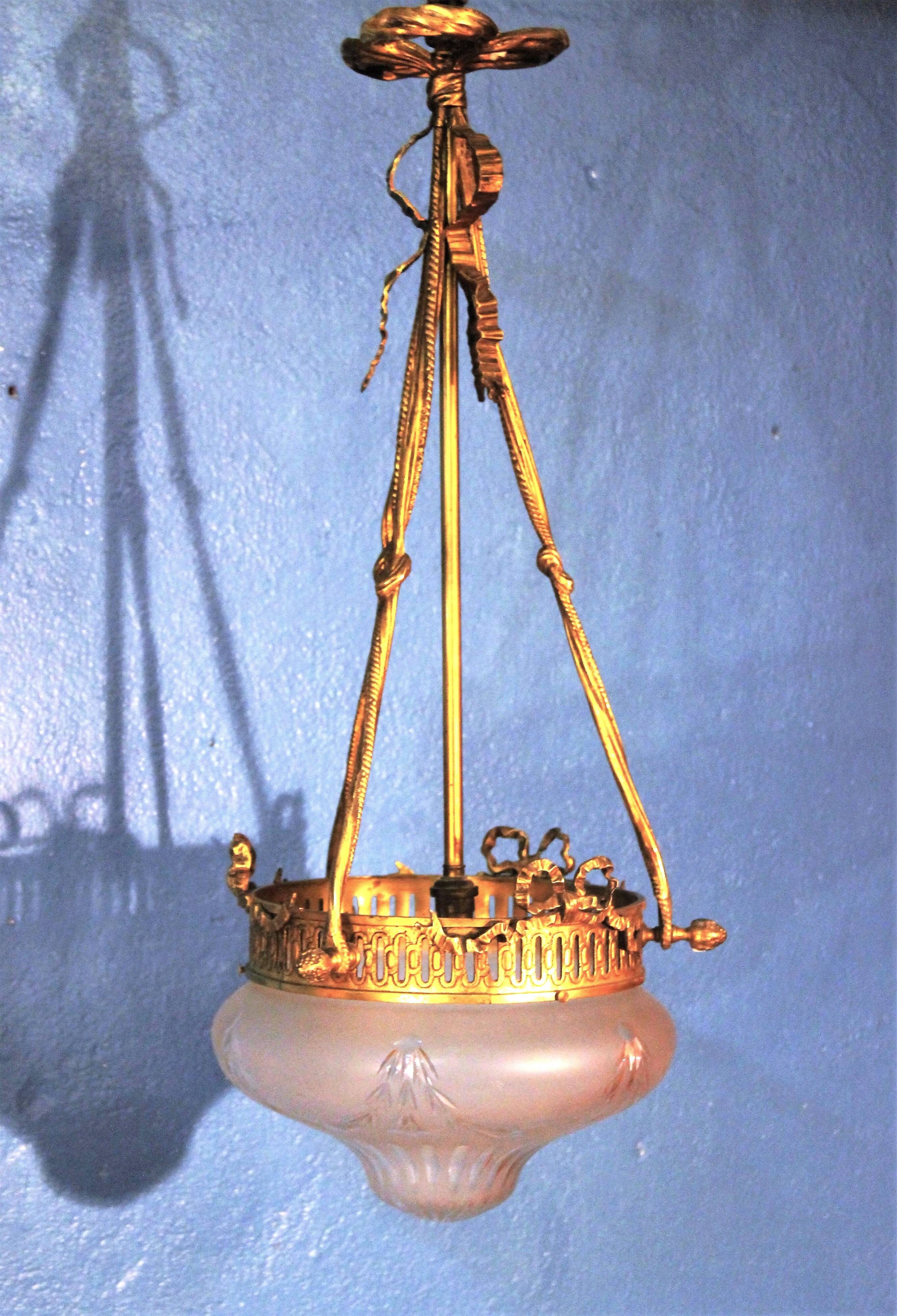Bronze and glass pendant chandelier, 1900s