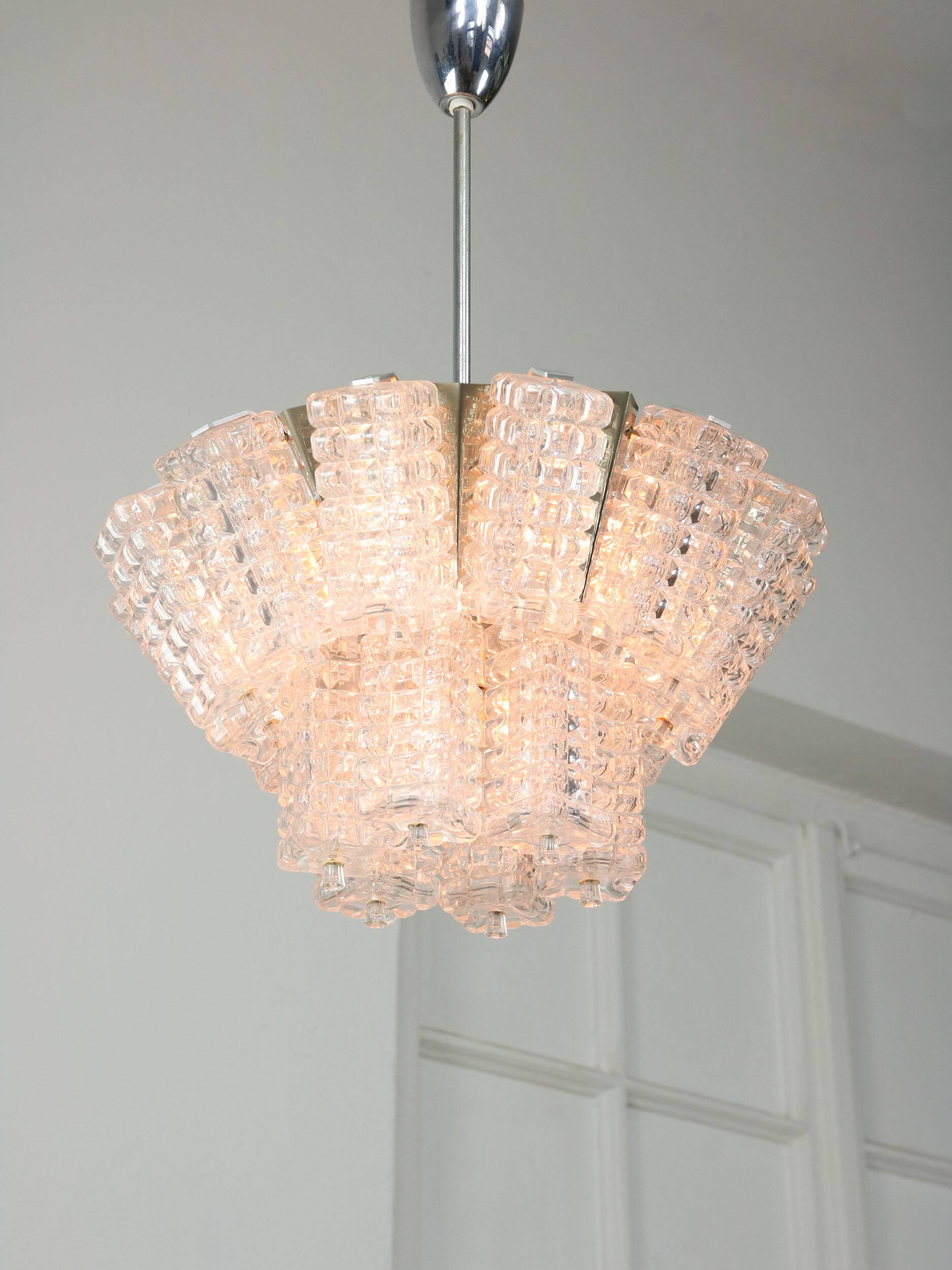 Vintage Austrolux Glass Chandelier: Mid-Century Chrome Pendant Light