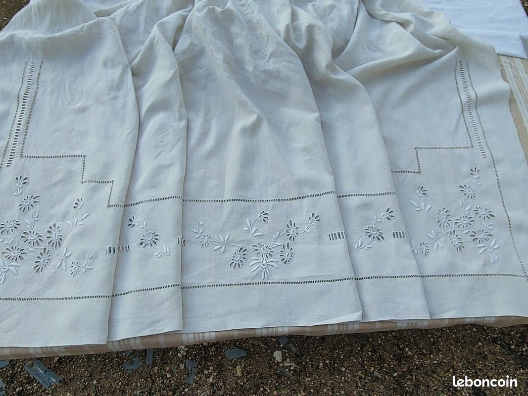 old sheet flowers embroidered hand linen canvas ecru large returns 220 x 285 cm