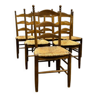 Ensemble de 6 chaises de salle à manger élégantes en chêne français avec assise en jonc