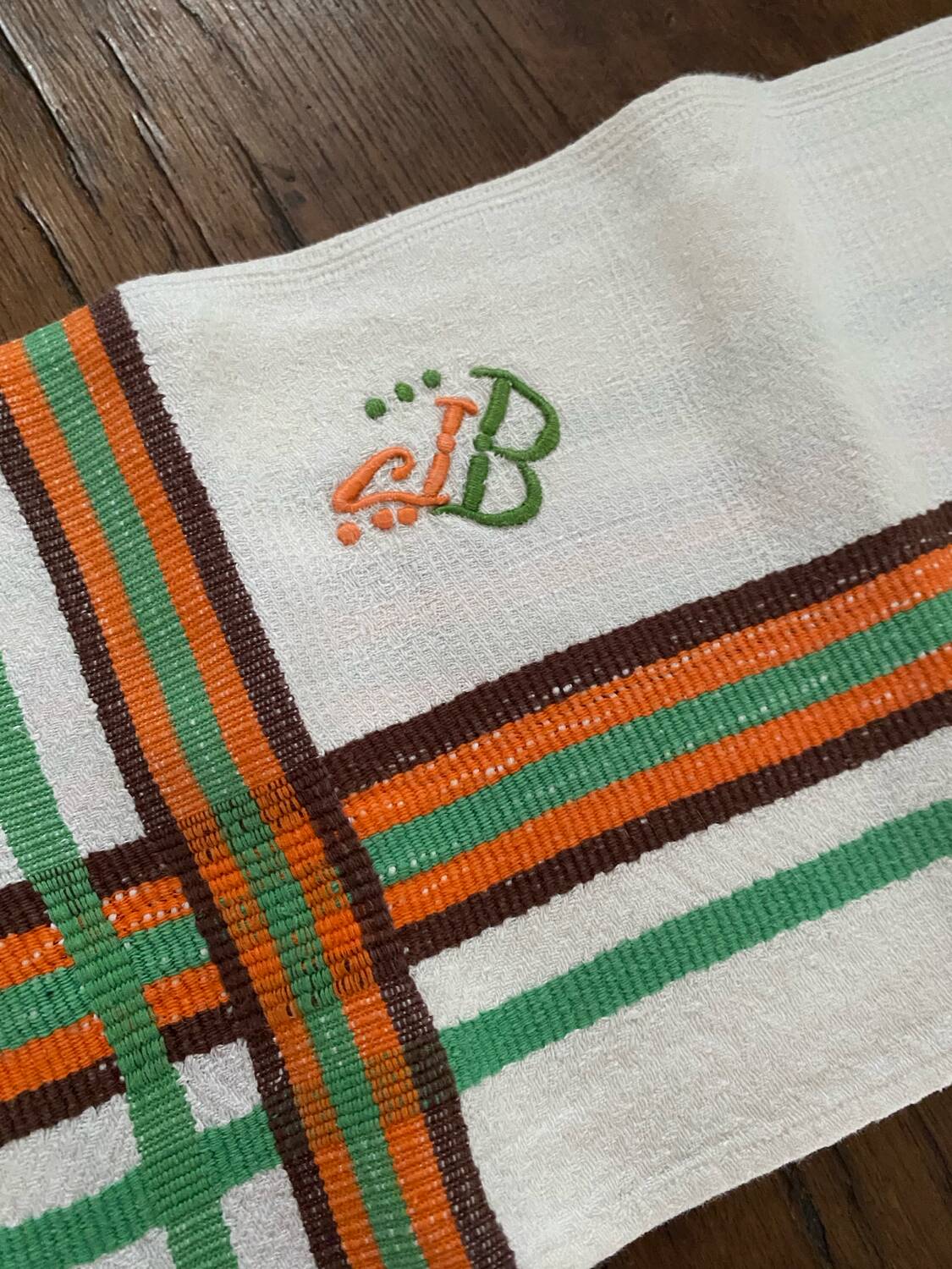 8 vintage orange and green striped napkins with JB monogram