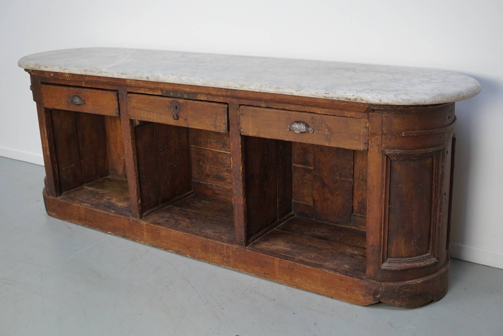 Antique Shop Counter / Kitchen Island in Dutch Pine and Marble, 19th Century