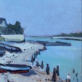 Hst painting "beach with boats" marine normandy brittany by robert leboucher
