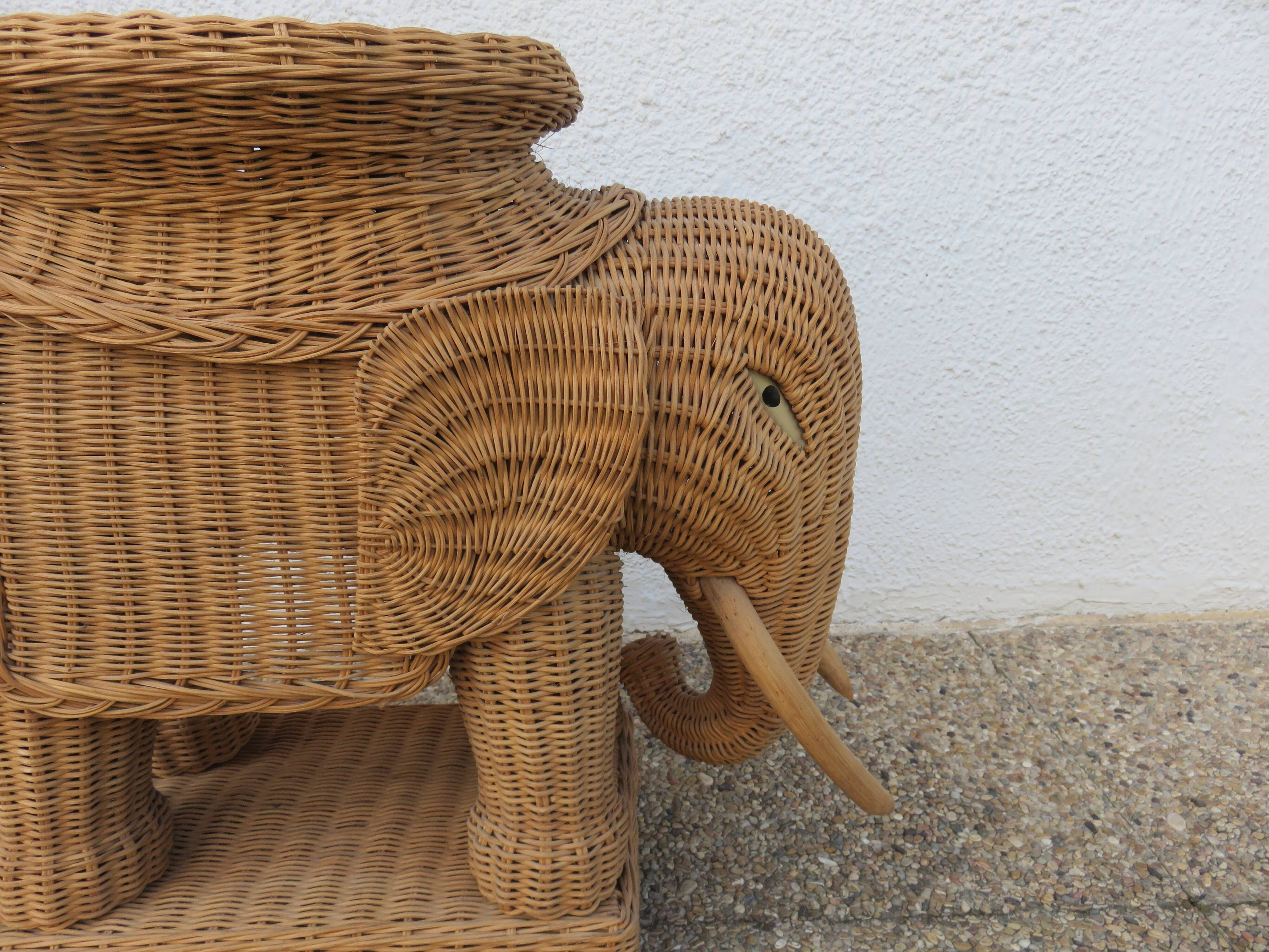 Side table or end table "elephant" in rattan, wicker, 1960s 70s