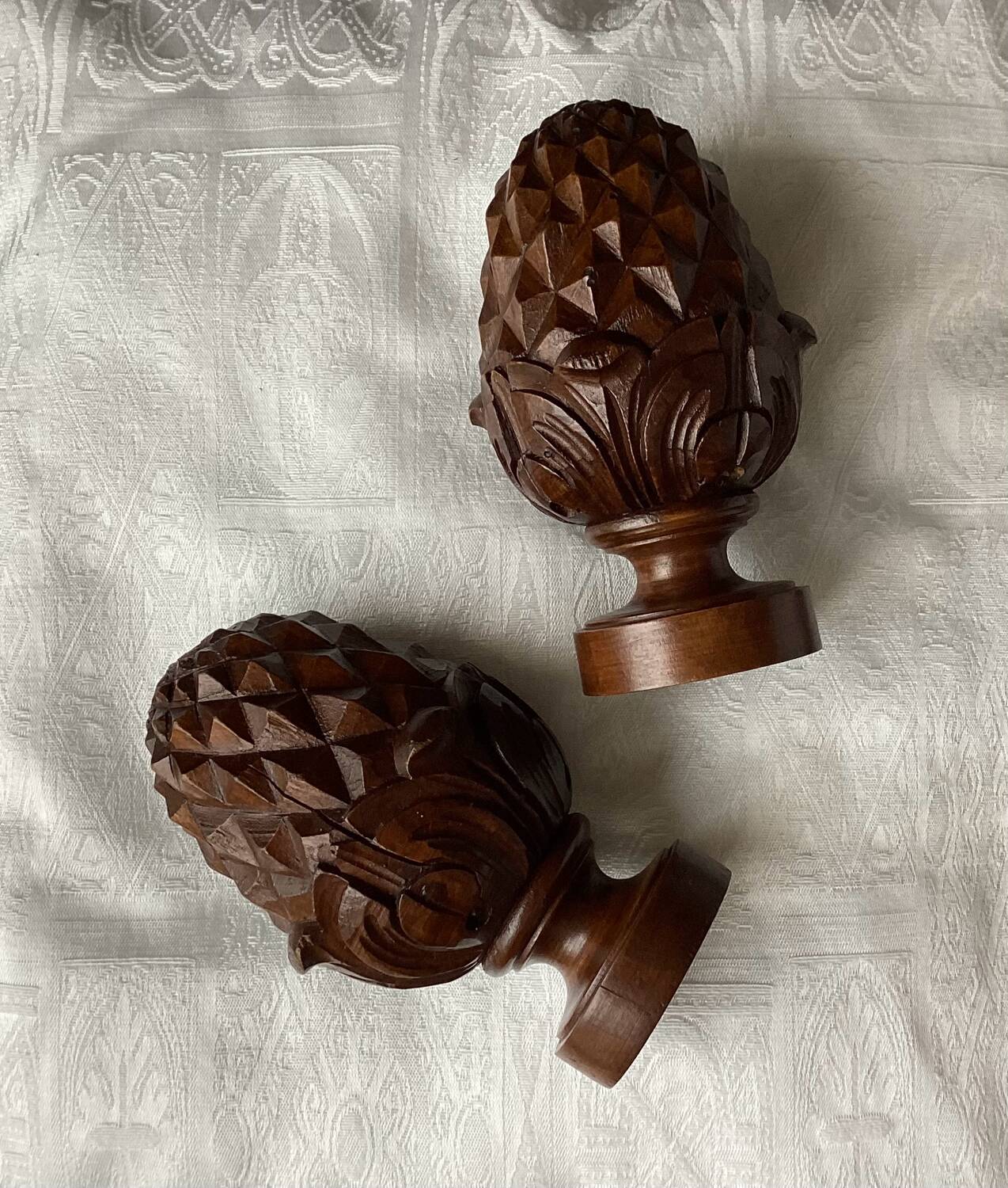 Set of 2 old pine cone shaped wooden tips