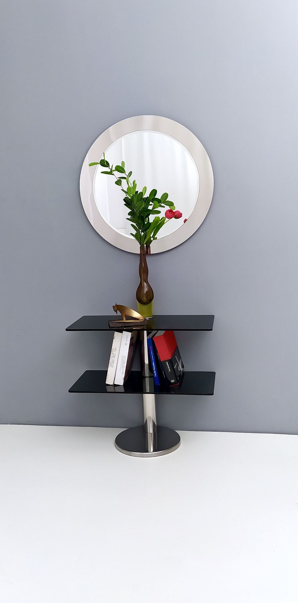 Postmodern Chromed Metal Console Table with Two Smoked Glass Shelves, Italy