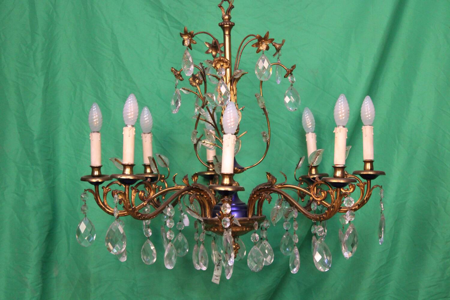 19th-century French gilt bronze chandelier featuring brass flowers and