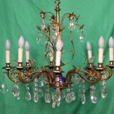 19th-century French gilt bronze chandelier featuring brass flowers and