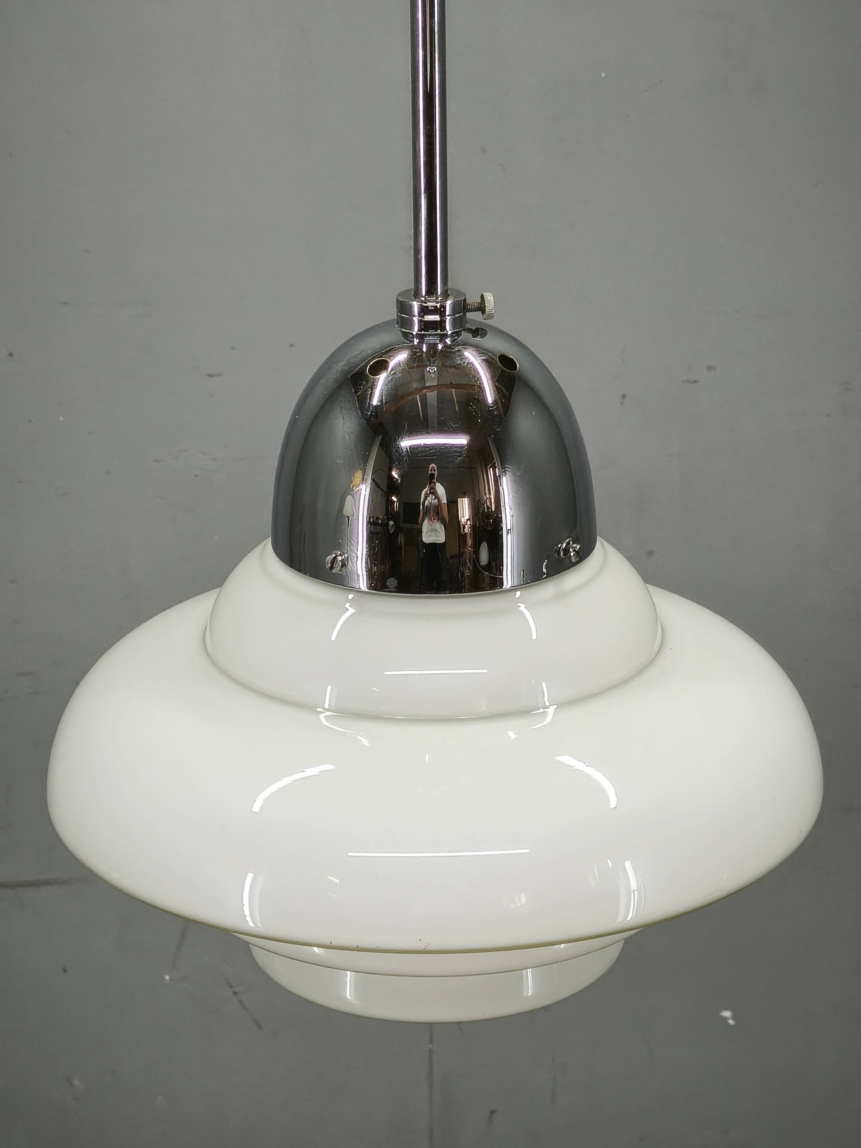 1930s Art Deco Bauhaus Opaline Glass and Chrome Pendant Light