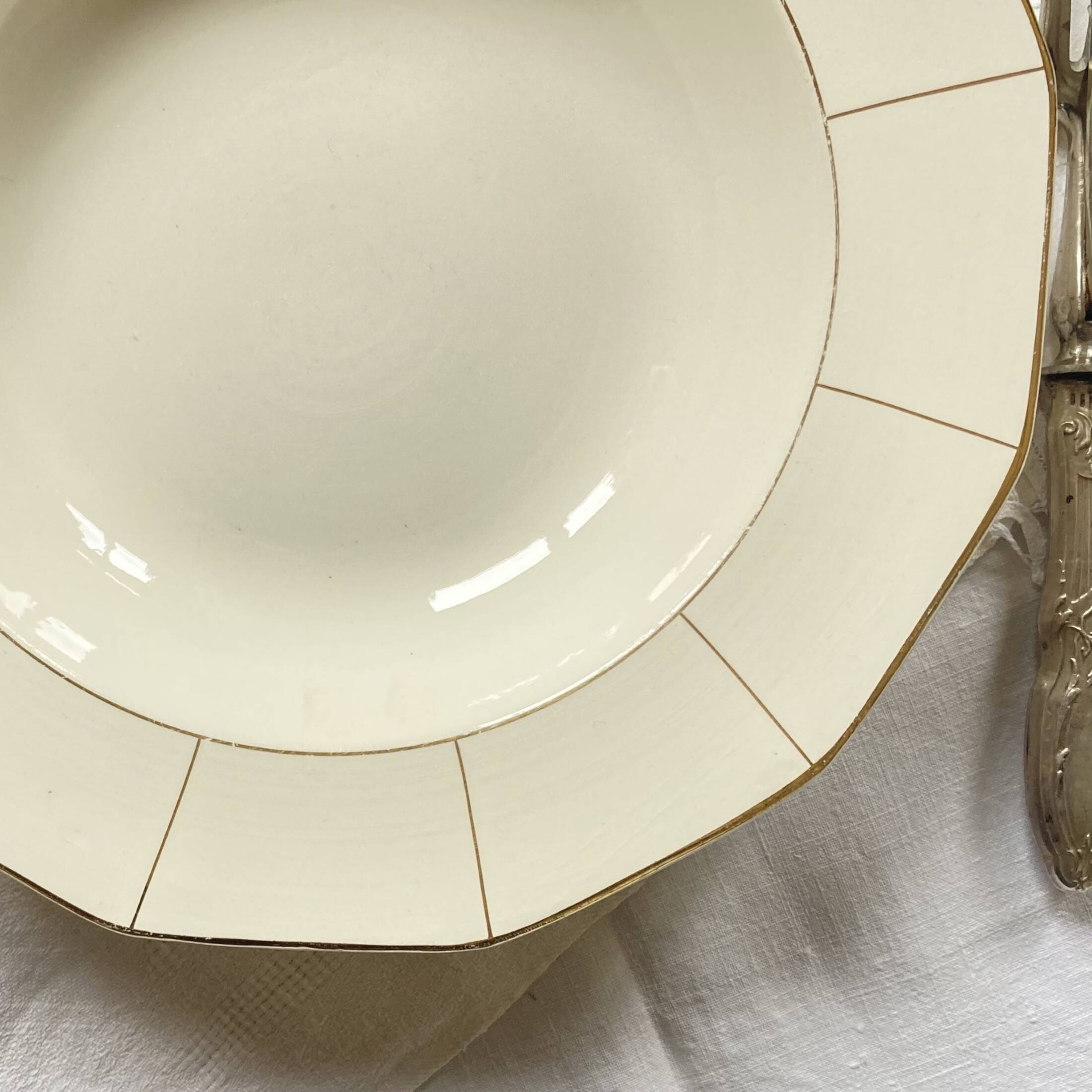 Hollow serving dish in old Badonviller earthenware, off-white and vintage gold, tableware
