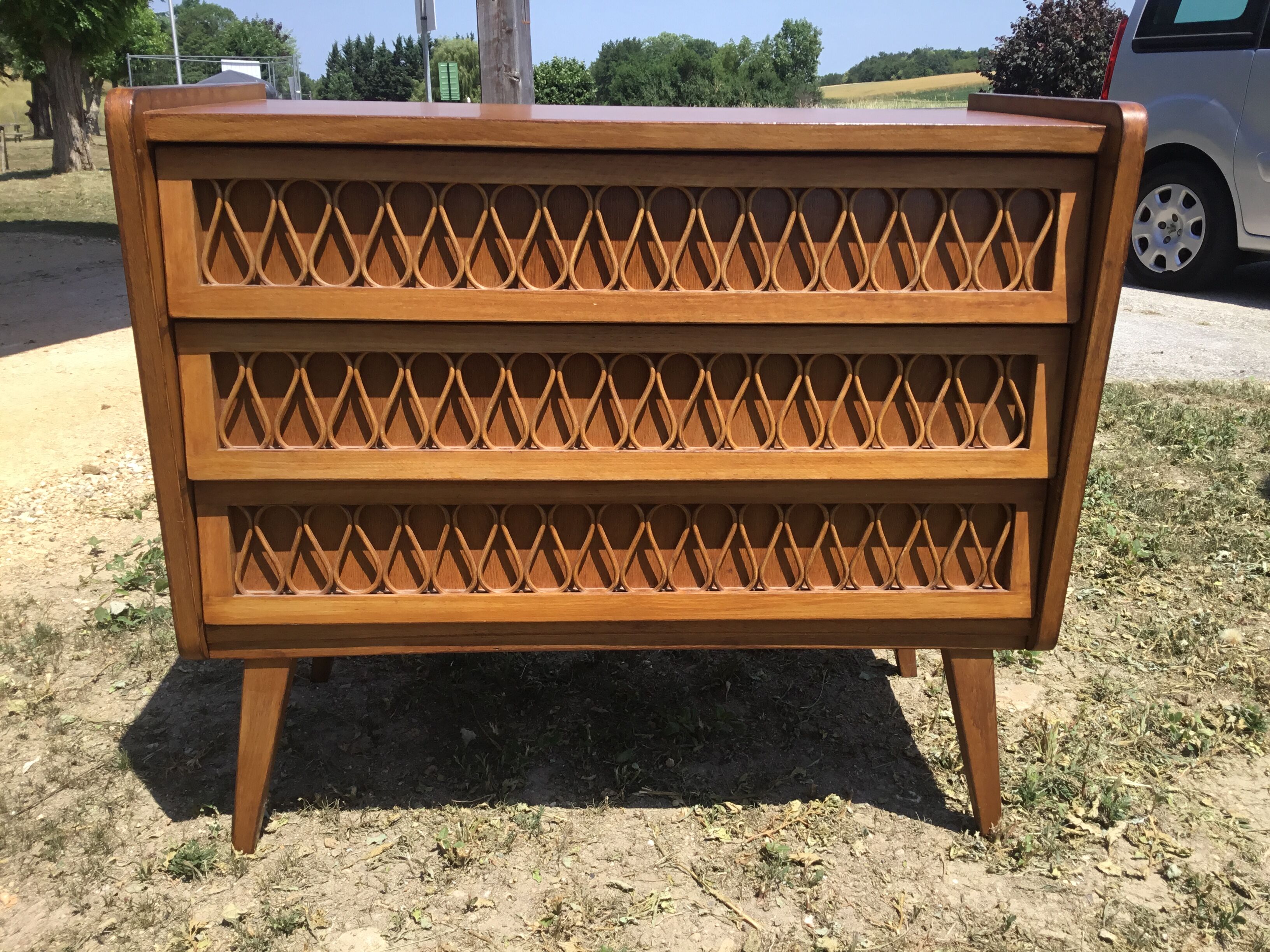Vintage wood and rattan chest of drawers