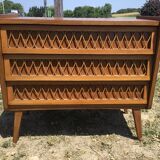 Vintage wood and rattan chest of drawers