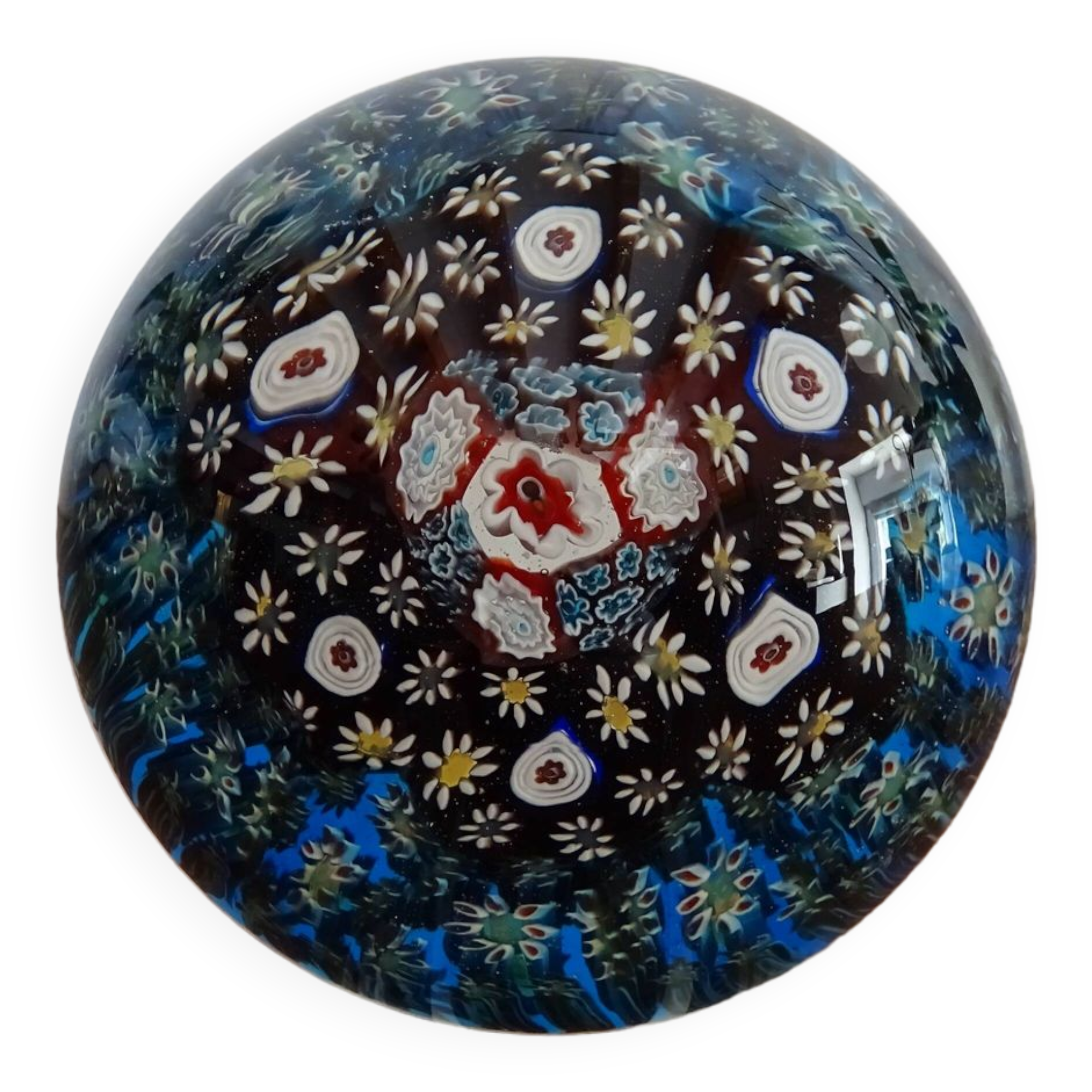 Millefiori Murano paperweight - Blue background - Ø 6,5 cm