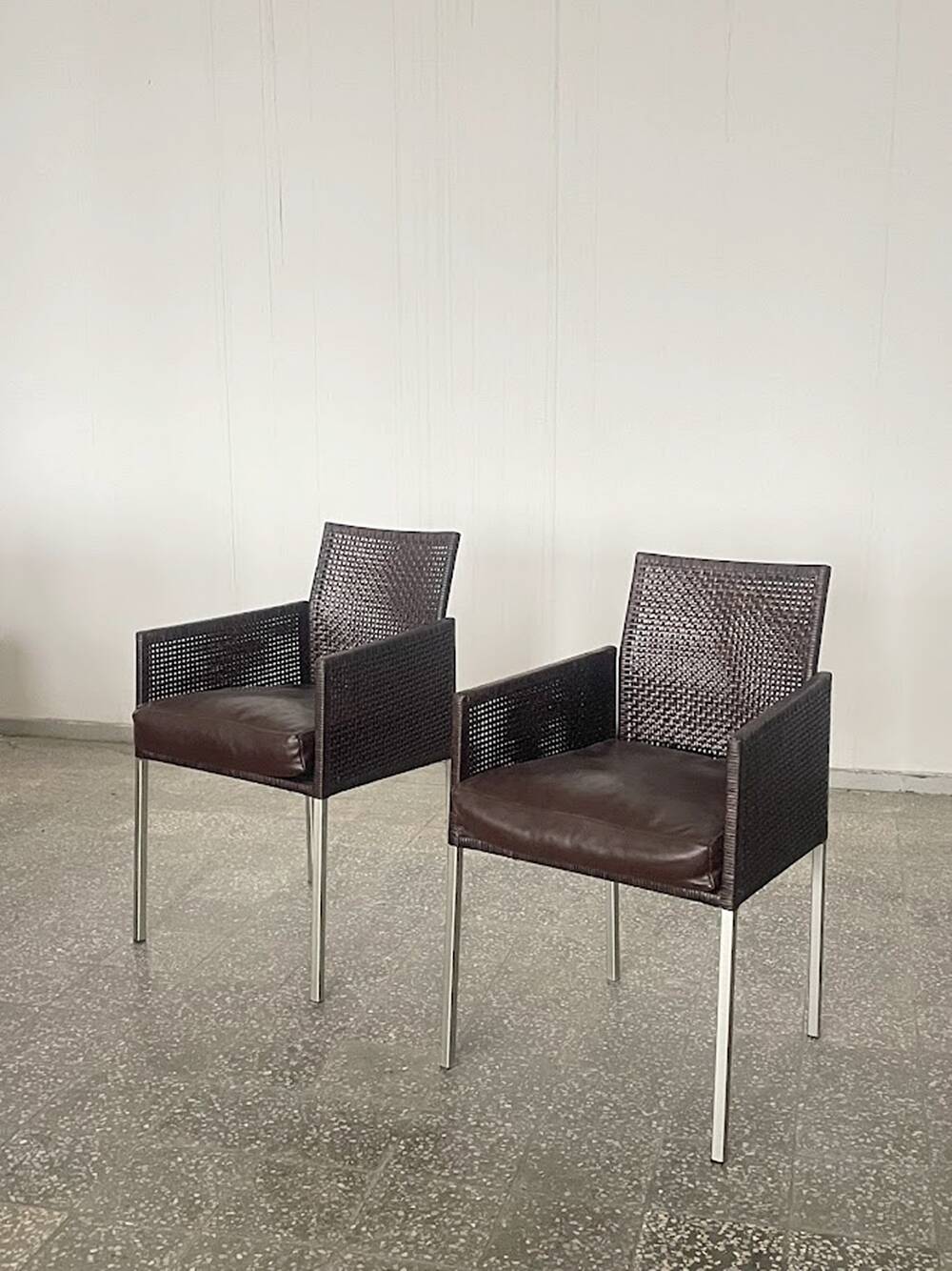 Pair of Karl-Friedrich Förster Leather and Rattan Chairs Germany 1990s