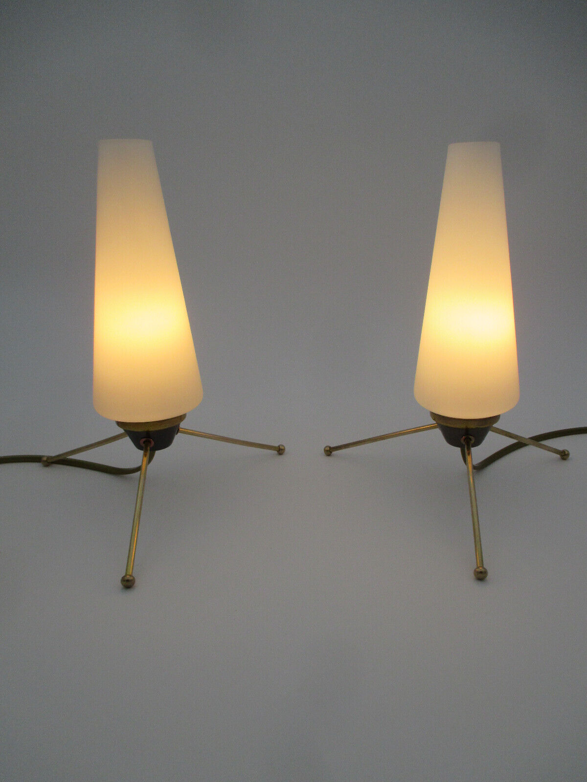 Pair of vintage brass tripod lamps and opaline tulips