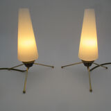 Pair of vintage brass tripod lamps and opaline tulips
