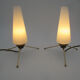 Pair of vintage brass tripod lamps and opaline tulips