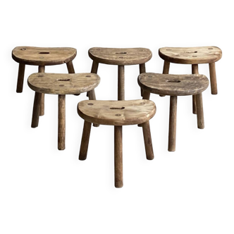 Set of 6 low wooden farm stools