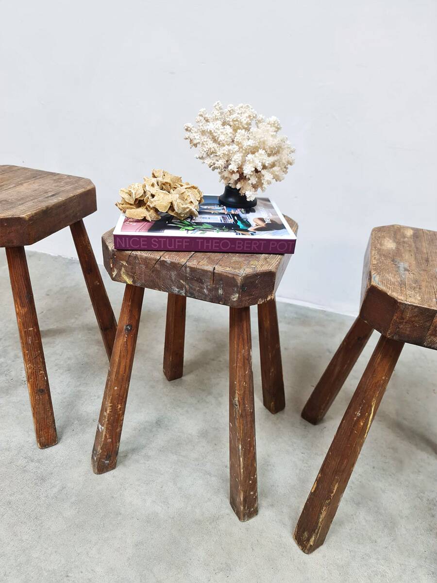 Rustic French wooden hand carved stools 'Brutalist'