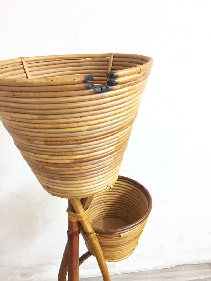 Porte plantes vintage rotin 1970