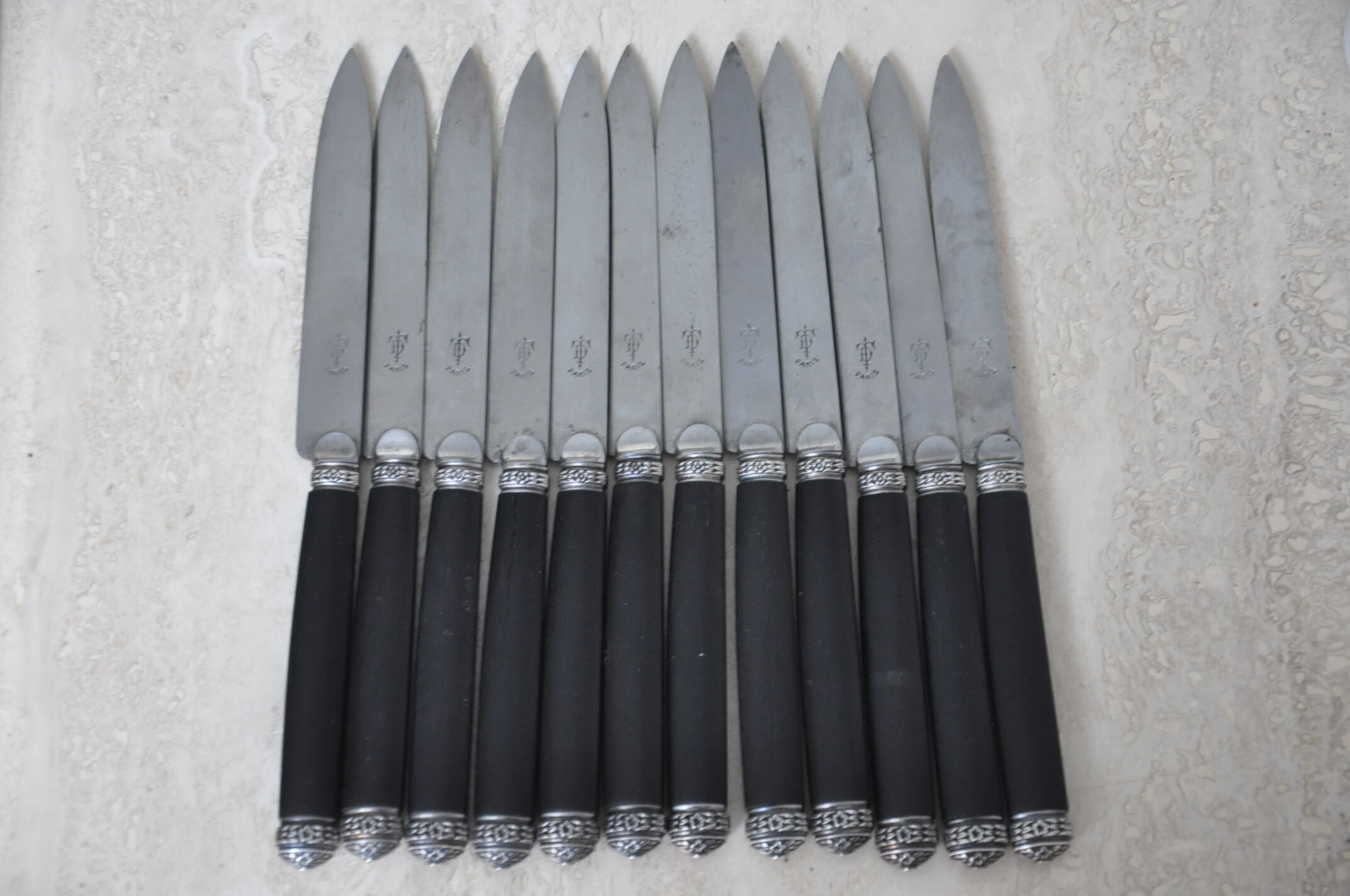 12 Antique silver ebony dessert knives