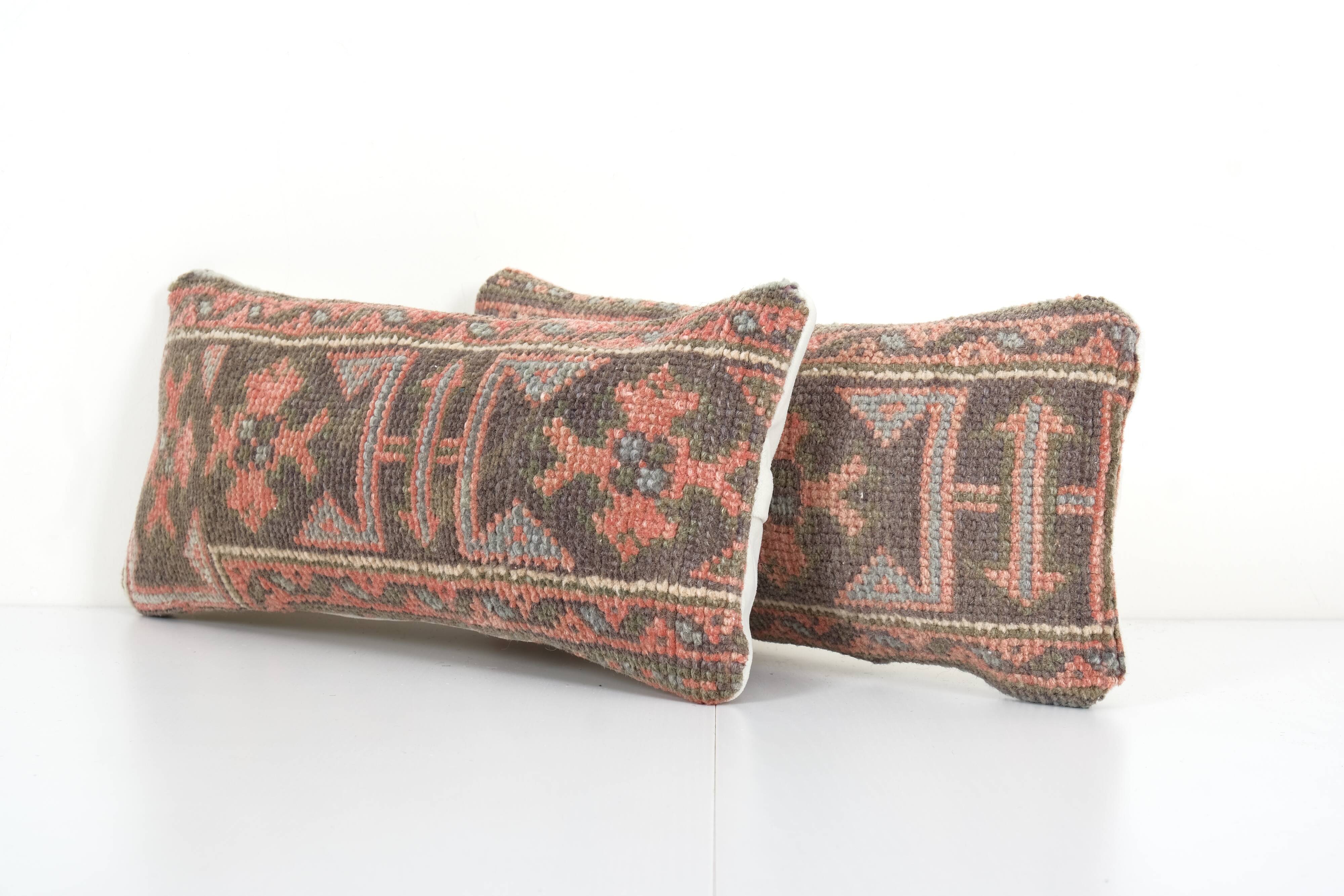 Organic wool muted brown carpet rug pillow, set of two faded ethnic turkish yastik pillow
