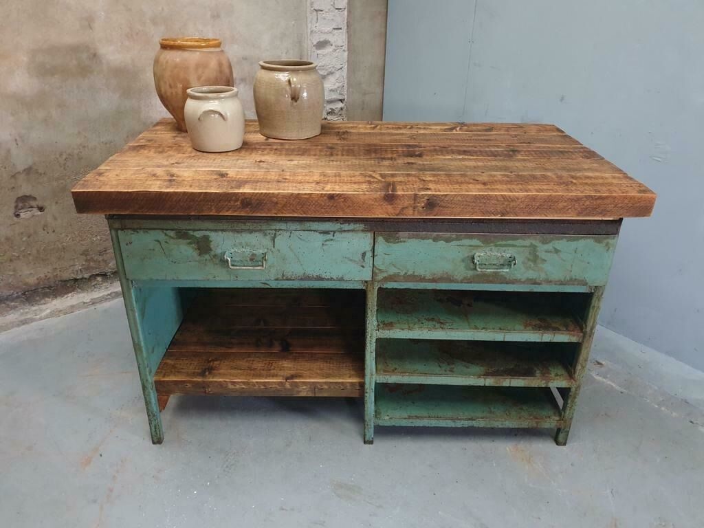 Industrial workbench kitchen island sideboard sea green with drawers