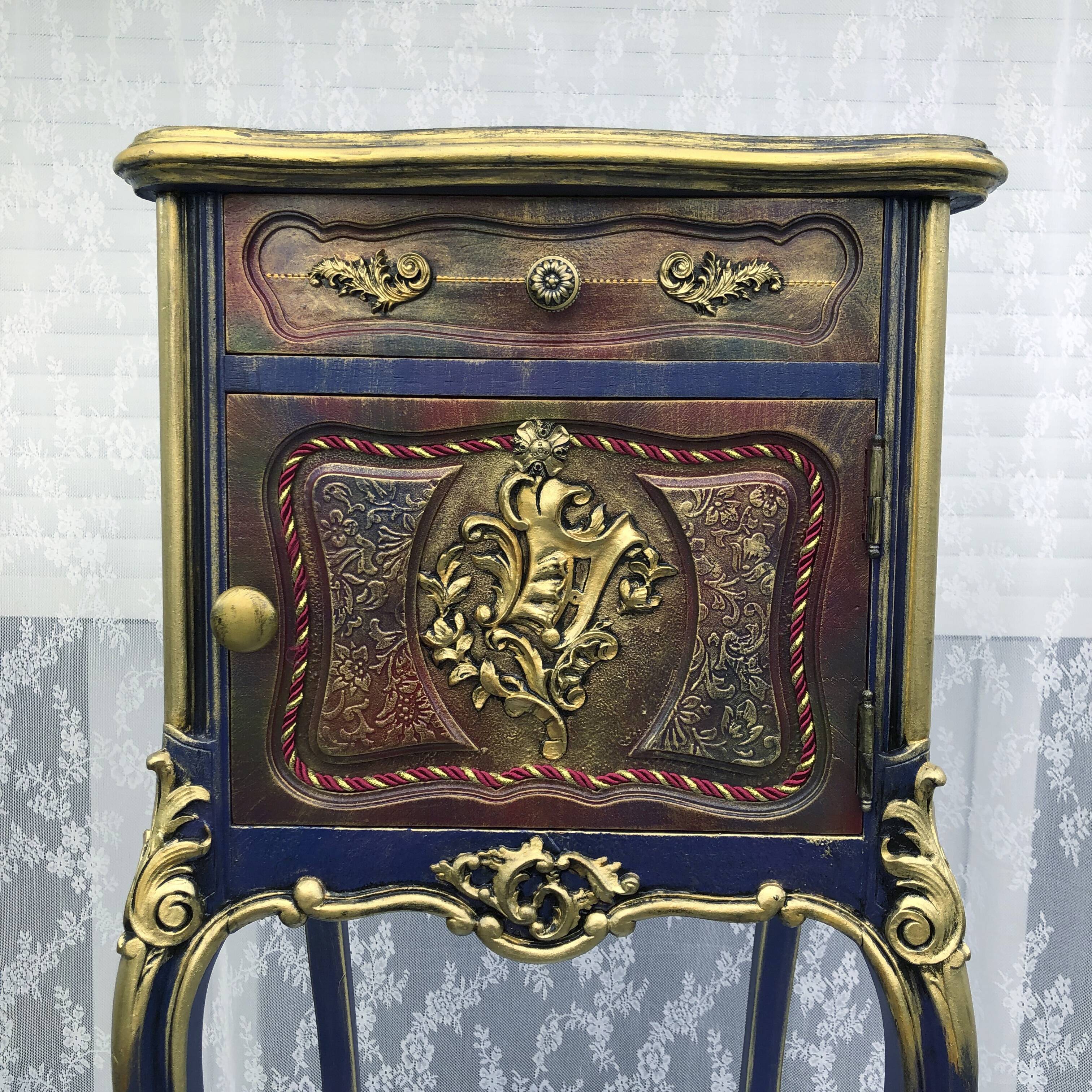 Classic revamped furniture – decorative blue and gold bedside table