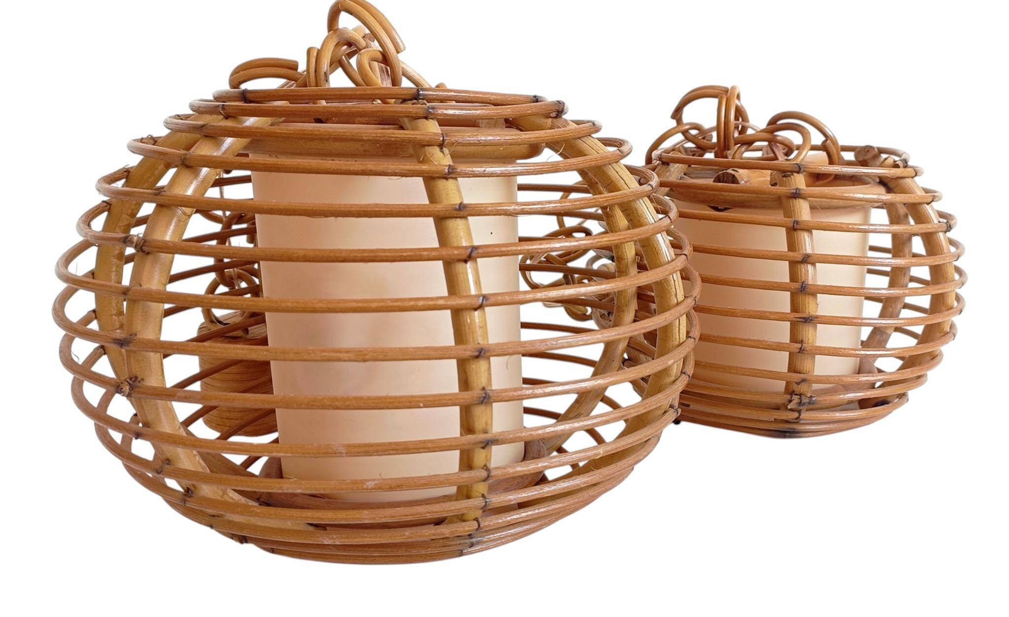 Mid-Century Globe Pendant Lamps, Bamboo & Rattan, c. 1960s