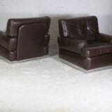 Pair of armchairs brown leather base stainless steel, France, circa 1970