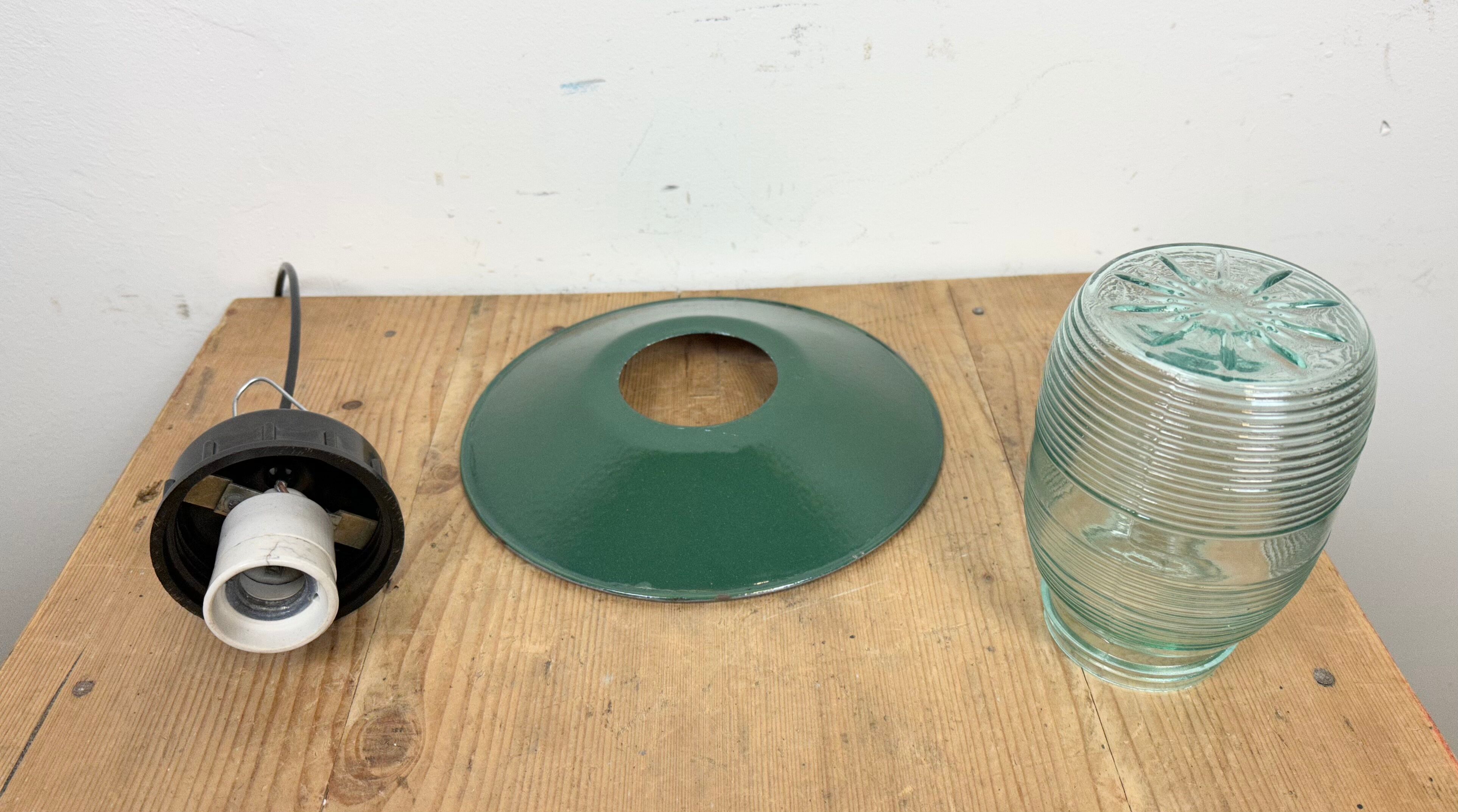 Industrial bakelite green enamel pendant light with ribbed glass, 1970s