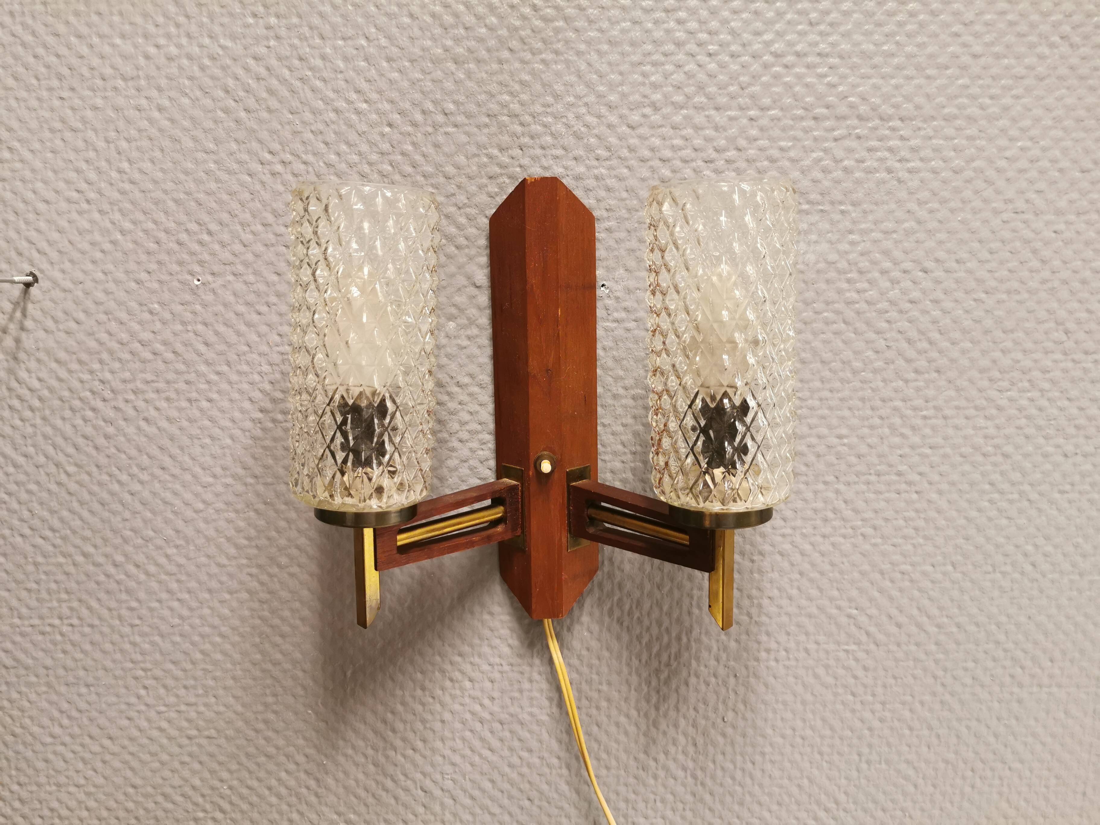 Danish double wall light in teak, brass and crystal glass.