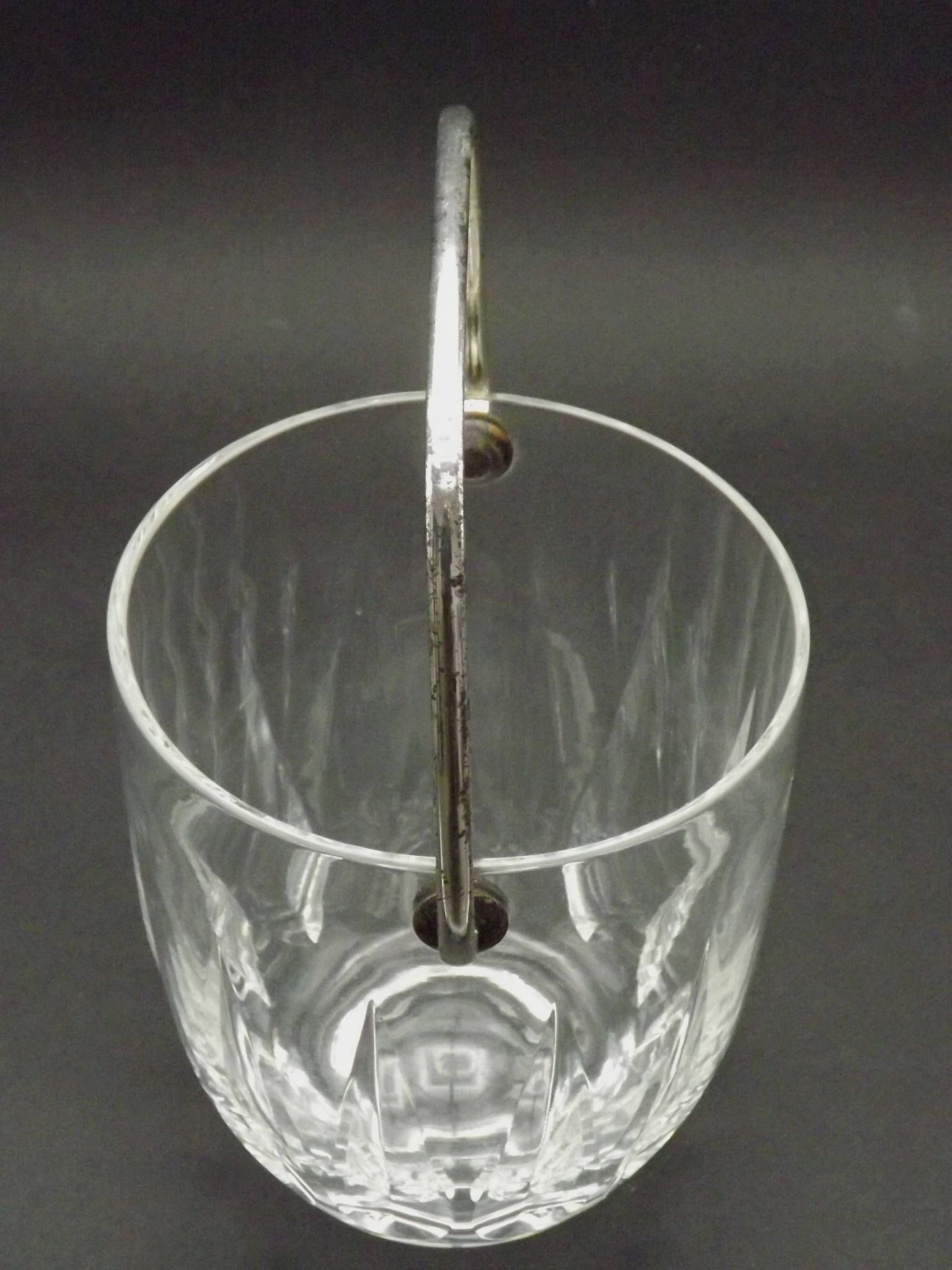 Vintage French heavy cut glass ice bucket with silver metal carry handle 4504.