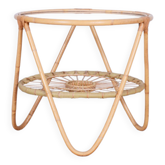 Original MidCentury Small Table, Alan Fuchs, ULUV, Rattan, Glass, Czechia, 1940s