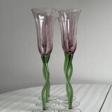 Set of 6 blown glass champagne glasses, green twisted feet