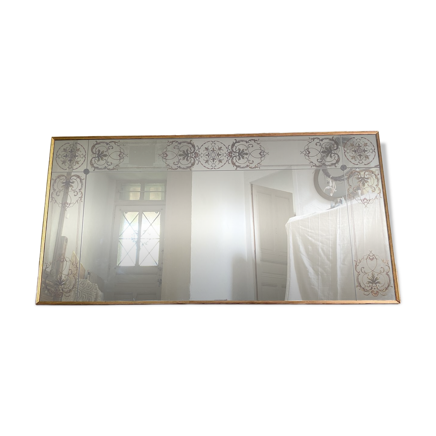 Antique bistro/brasserie mirror in reverse-painted glass, 202 x 102 cm