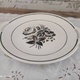 Plat à tarte ou à gâteau 2 anses en faïence ancienne décor roses grises