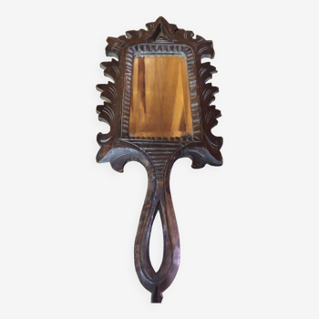 Ancien miroir face a main bois sculpté + miroir biseauté vintage #a475