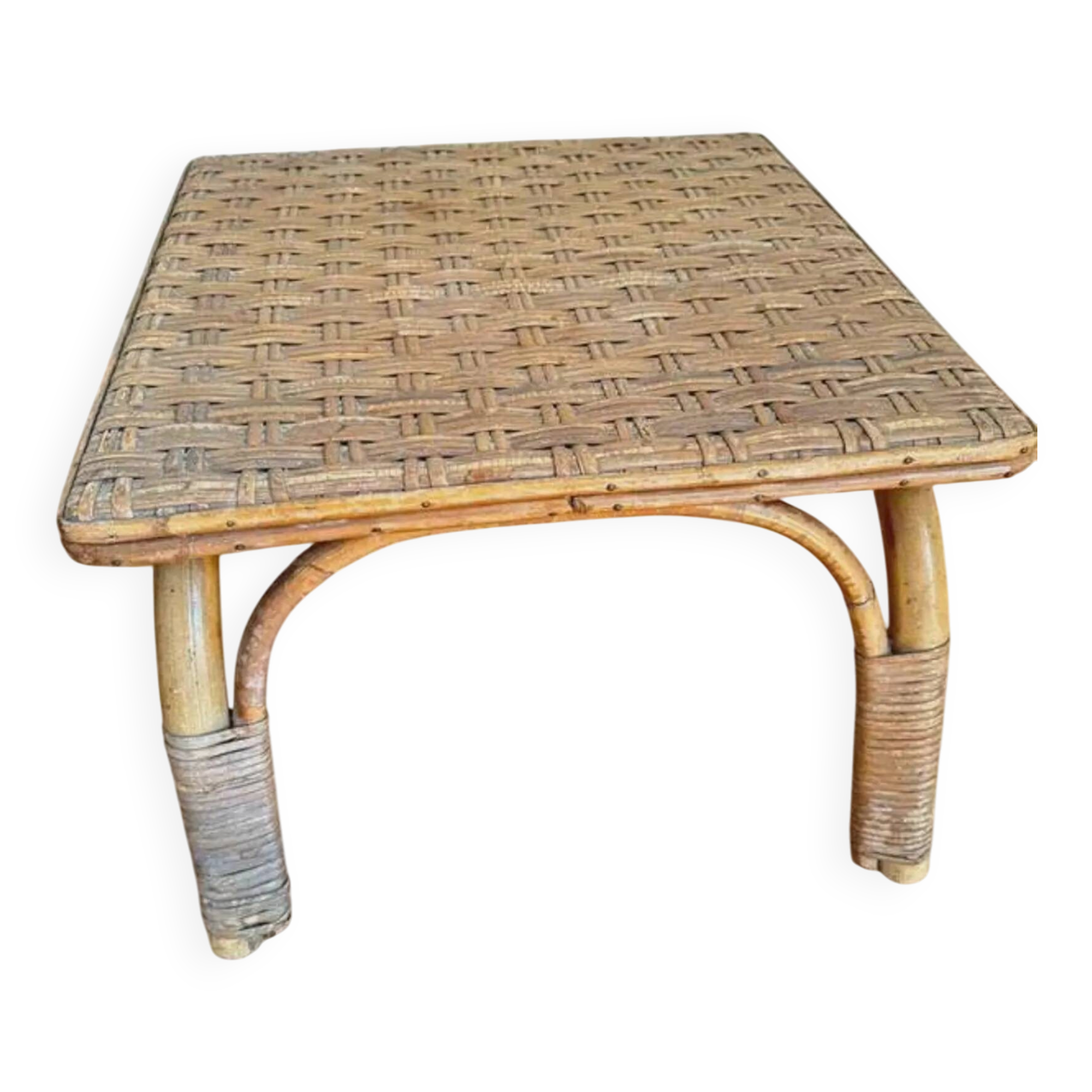 Small vintage 1960 woven rattan side table | Bohemian chic wicker end table, antique bamboo coffee table for the living room.