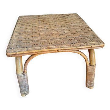 Petite table d'appoint en rotin tressé vintage 1960 | Bout de canapé osier design bohème chic table basse bambou ancienne salon