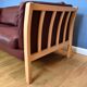 Mid century modern danish maroon leather & beech 2.5 seat sofa settee