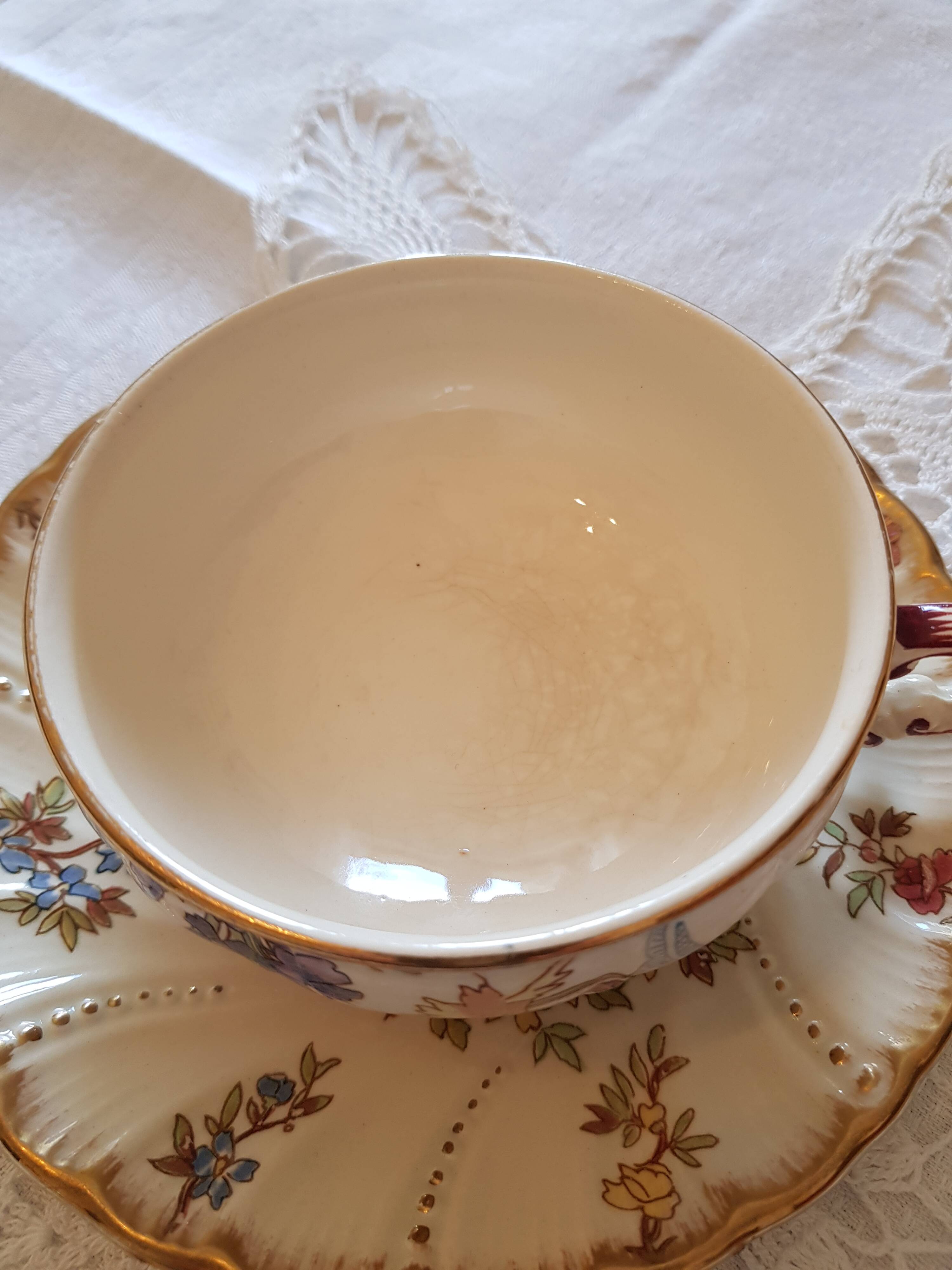 Rare 19th century cup and saucer, Sarreguemines earthenware, Louis XV model