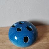 Vintage flower pick enamelled blue artisanal ceramic