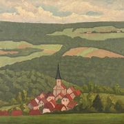 Painting bell tower in the countryside, signed a panchon, oil on canvas, 54x65cm