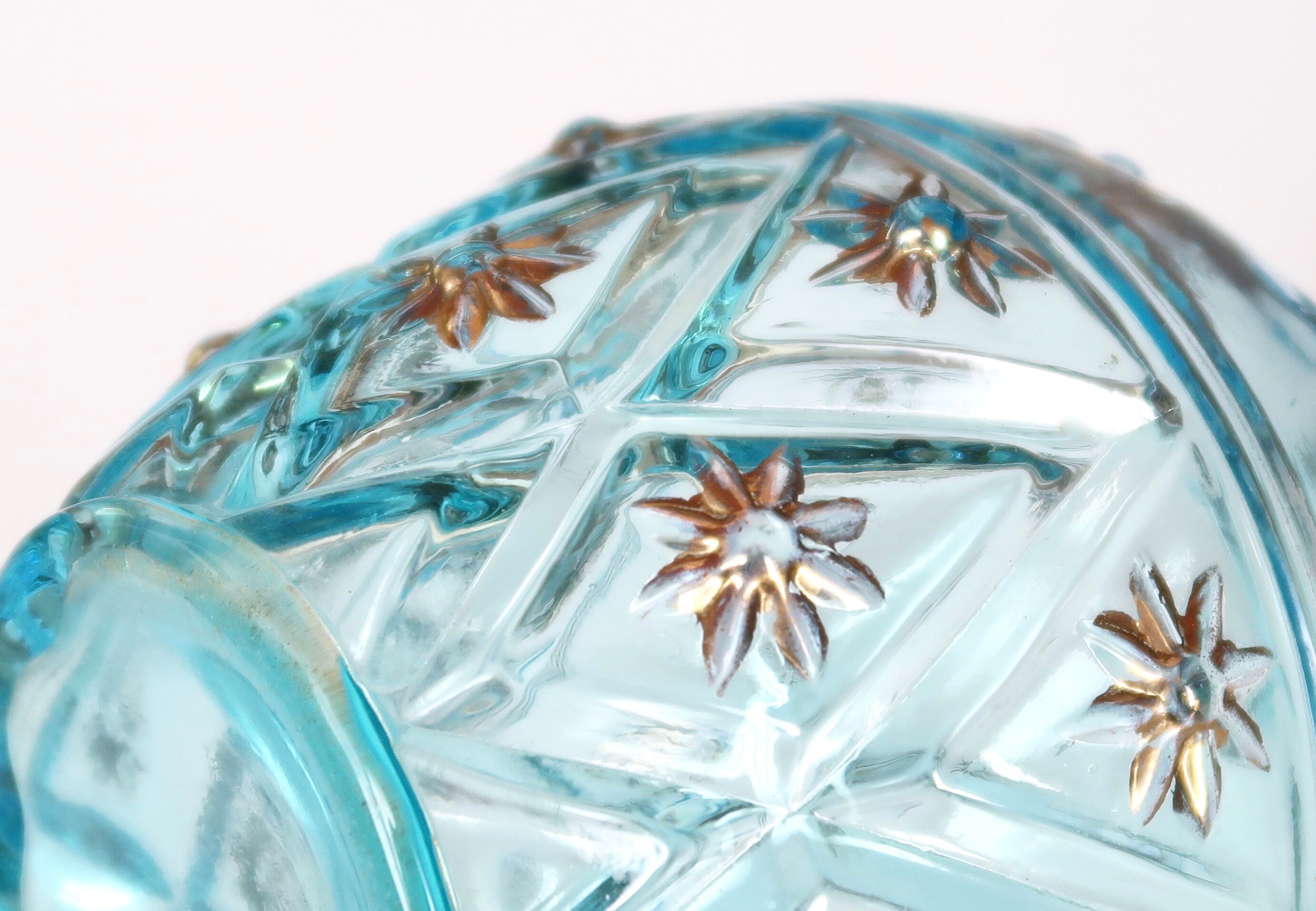 Turquoise blue glass decanter, golden décor, 5O years