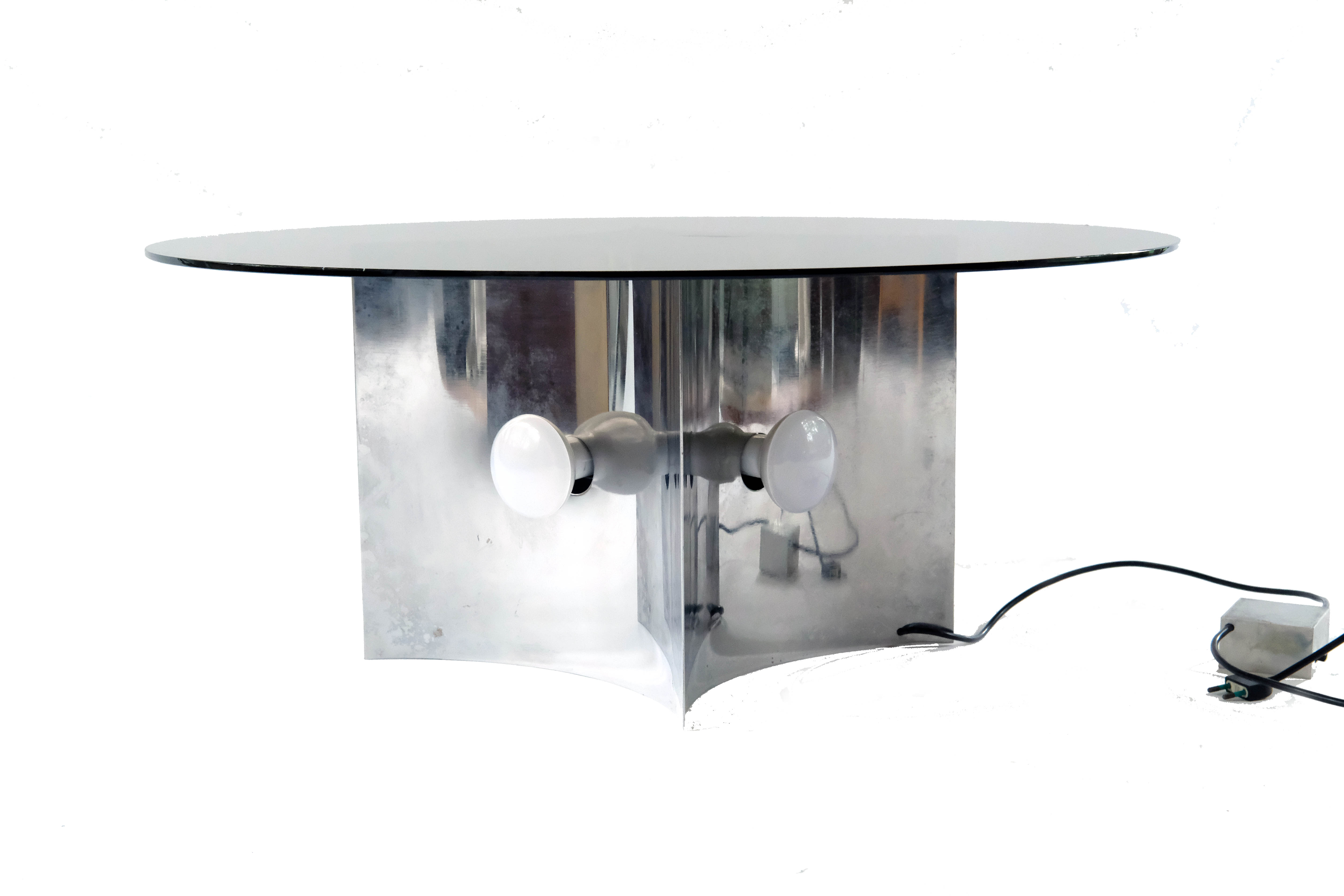 Modern Italian Coffe Table with Smoked Glass Top & Chromed Lamp, 1970's