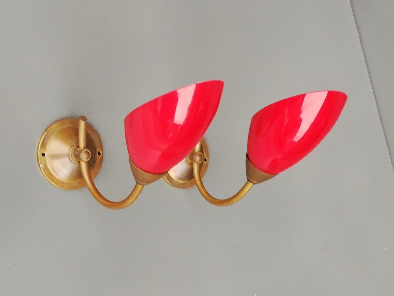 Pair of 60s sconces in brass and opaline