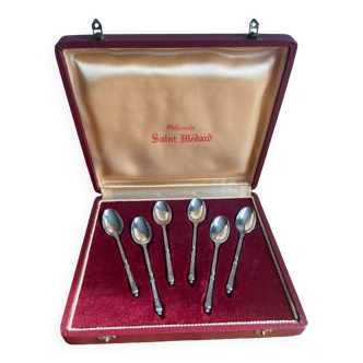 6 Moka Spoons with Antique Silver Metal Box Saint Médard